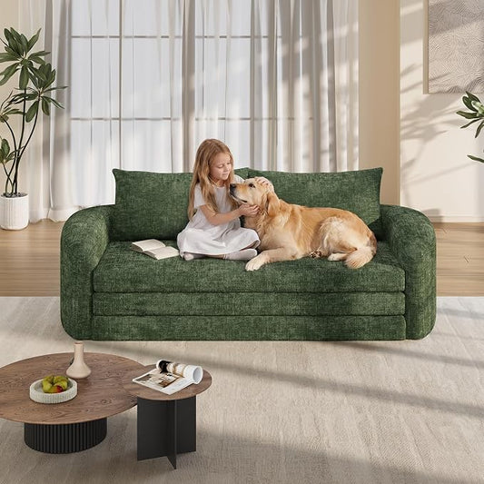 Vesgantti 86.6" Futon Convertible Sofa Bed, 3 in 1 Folding Sleeper Pull Out Couch with Curved Armrest, Modern Chenille Modular Sectional Boneless Couch for Living Room, No Assembly Required, Green