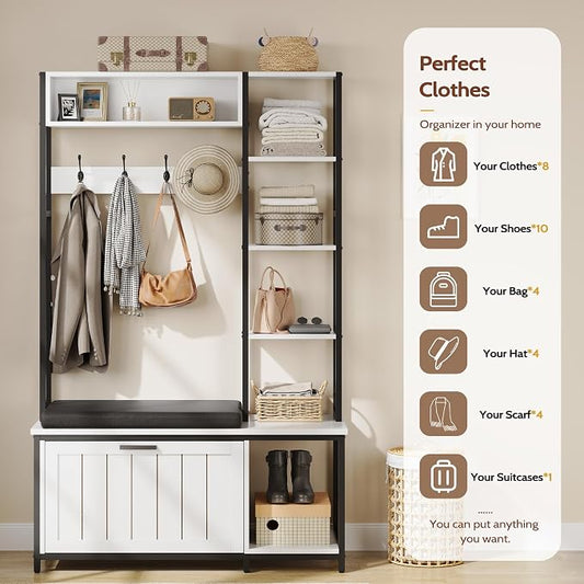 Hall Tree Coat Rack, Hall Tree With Bench and Shoe Storage Shoe With, Mud Room Storage Furniture,39.37 X 15.74 X 69.69 Inches, Rustic White