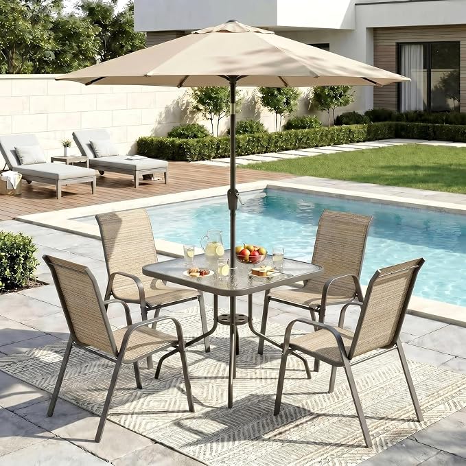 Arlopu 5 Piece Outdoor Patio Dining Set (Umbrella not Included), Porch Furniture with 4 Textline Chairs, 1 Square Glass Table for Garden, Backyard and Poolside, Lawn (Browm)