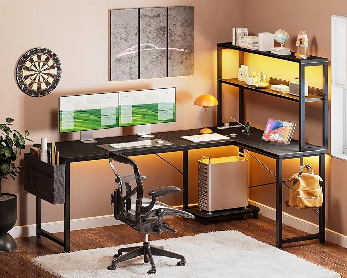 Casaottima 61 Inch Gaming Desk with Power Outlets & LED Lights, Reversible L Shaped Computer Desk with Shelves & Storage Bag, Corner Desk for Home Office, Black