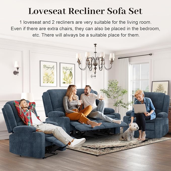Yolsali Loveseat Recliner Sofa Set with 2-Tier Cushion, 2+1+1 Pieces in Living Room, 2 Seater Reclining Loveseat Velvet Fabric with Removable Console, 2 Oversize Recliner Chair Sofa Seat - Blue