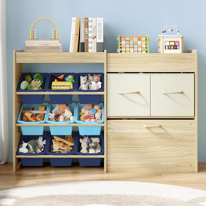 EXPERLAM Toy Storage Organizer for Kids, 9-Bin Toy Organizer with 2-Drawers,Movable Toy Chest and Top Rack, Kids Bookshelf and Toy Storage for Playroom, Bedroom, Nursery, Blue