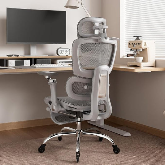 Office Chair with Footrest, Ergonomic Chair with 3D Headrest, Computer Chair with Adjustable Backrest & 6D Armrest, Gaming Chair with Adaptive Lumbar Support, Adjustable Seat Depth, Grey