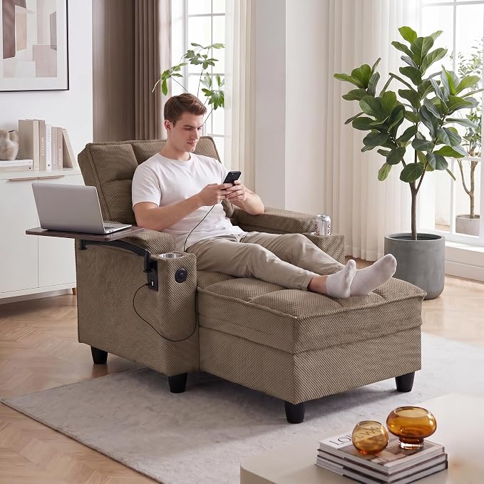 Convertible Sleeper Chair, Pull Out Sofa Bed with Adjustable Backrest & Hidden Storage Armrest, Single Sofa Recliner with USB Charging Port & Cup Holders for Living Room, Bedroom, Coffee