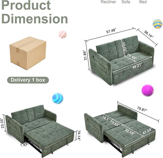 57.48" Convertible Sofa Bed with Cup Holder, Pull Out Sleeper Sofa Bed with USB Charging Ports, 3 in 1 Convertible Sleeper Sofa Bed for Living Room, Apartment, Bedroom, RV, Green
