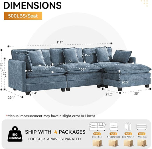 111'' Sectional Cloud Deep Seat Couch, Modern Comfy Chenille L Shaped Sectional Sofa for Living Room Set, Upholstered Modular 4-Seats Sofa Couch with 1 Movable Ottoman, Blue