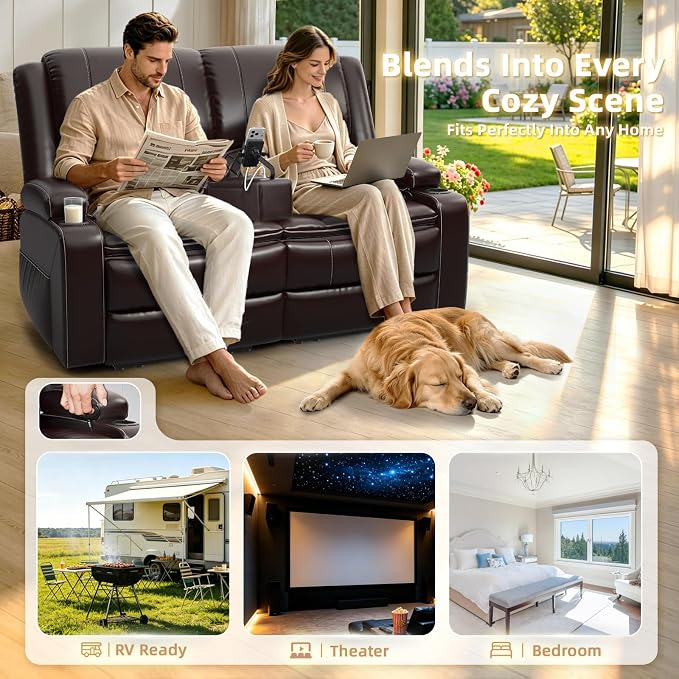 Yolsali Loveseat Recliner Sofa, Manual Wall Hugger Reclining Loveseat with Removable Armrest, 2-Tier Cushions, USB Ports & Cup Holders, RV Couch for Travel Trailers/Living Room, Brown