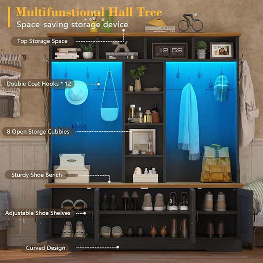 CSZZD Hall Tree with Bench and Shoe Storage, Farmhouse Entryway Bench with Coat Racks and Led Lights, Black Large Hall Tree with 12 Coat Hooks, 8 Storage Cubbies, Adjustable Shelf