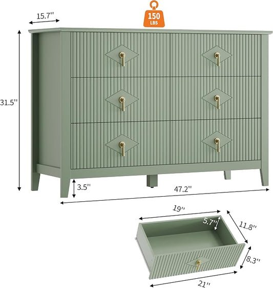 GarveeHome Fluted Dresser for Bedroom, 47.2 Inch Wide 6-Drawer Wood Dresser, Modern Chest of Drawers, Storage Organizer Cabinet for Living Room, Hallway, Entryway, Green