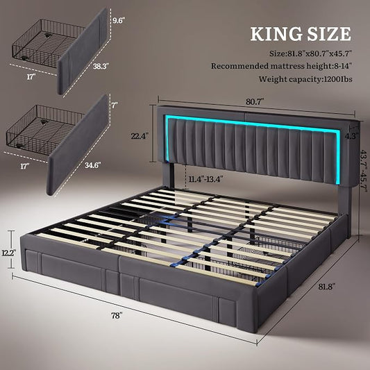 YITAHOME King Size Bed Frame with Adjustable Headboard, 4 Storage Drawers and RGB LED Lights, Velvet Upholstered Platform Bed with USB Ports, No Box Spring Needed, Fast Assembly, Noise-Free, Dark Grey
