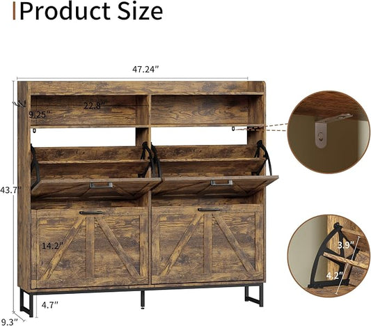 Shoe Cabinet with 4 Flip Drawers, Freestanding Hidden Shoe Storage Organizer for Entryway, Narrow Slim Shoe Rack Cabinet with Open Storage & Hooks for Front Door Entrance, Living Room, Hallway, Brown