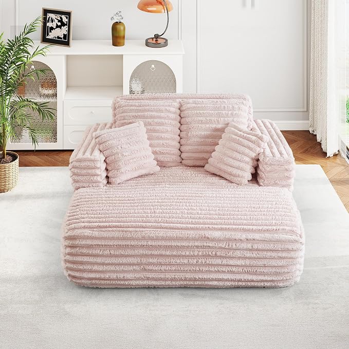 JEEOHEY 56" Oversized Chaise Lounge Chair Indoor,Plush Faux Fur Sleeper Sofa Couch Bed with Pillows&Wide Armrests,Fluffy Comfy Cloud Couch,Compression Foam Couch for Living Room,Bedroom(Pink)