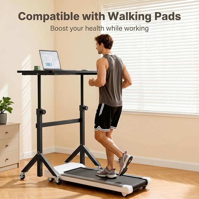 Marsail Mobile Stand Up Desk with Wheels, Adjustable Height Desk from 28.3″ to 46.5″, Rolling Standing Desk with Lockable Wheels, Portable Small Desk for Walking Pad and Treadmill, Black