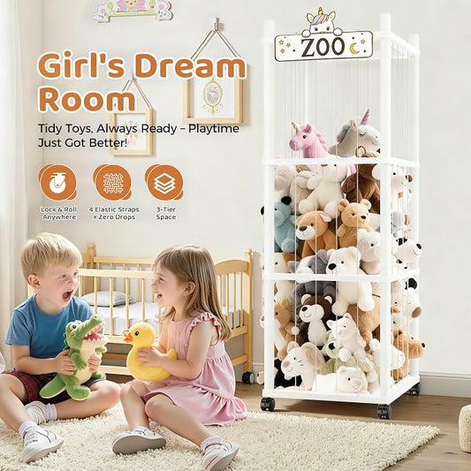 Stuffed Animal Storage Zoo Tower,56In Wooden Large Stuffed Animal Holder Organizer with Wheels,Stuffy Plushies Storage with Elastic Band&Mesh Bottom,Toy Storage Organizers for Playroom Nursery(White)