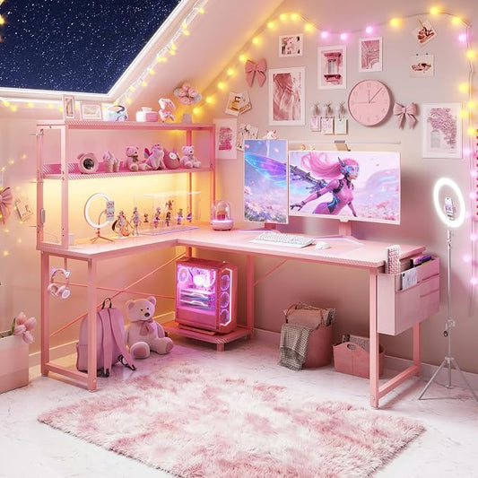AODK L Shaped Desk Gaming Desk with LED Light & Power Outlet, 53 Inch Reversible L Shaped Computer Table with Shelf & Storage Bag & Hook for Home Office, Pink