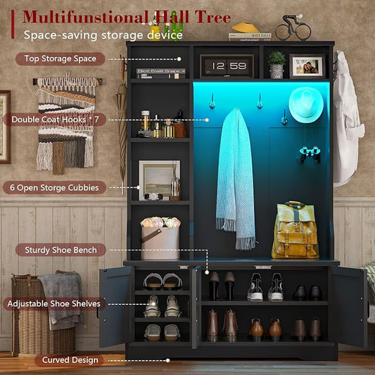 CSZZD Hall Tree with Bench and Shoe Storage, Farmhouse Entryway Bench with Coat Racks and Led Lights, Black Tall Hall Tree with 7 Coat Hooks, 6 Storage Cubbies, Adjustable Shelf