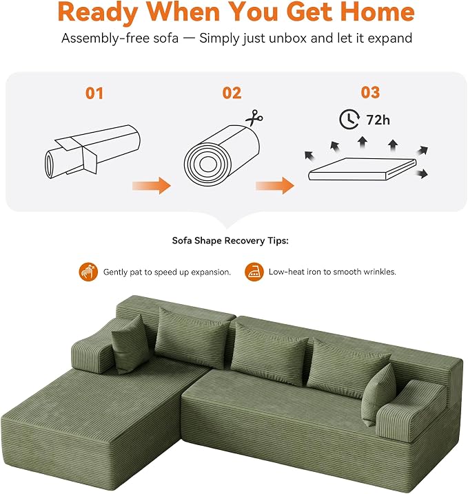 MONVANE 106" Cloud Sectional Couch with L-Shaped Chaise, Modular Sectional Sofa with Deep Seat and Removable Armrests, Comfy Corduroy Boneless Couches for Living Room, No Assembly Required, Green