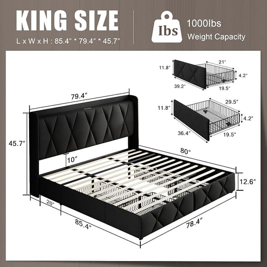 Einhomn King Size Bed Frame with 4 Storage Drawers and Charging Station, Upholstered Platform Bed Frame with Storage Headboard, No Box Spring Needed, Easy Assembly, Black