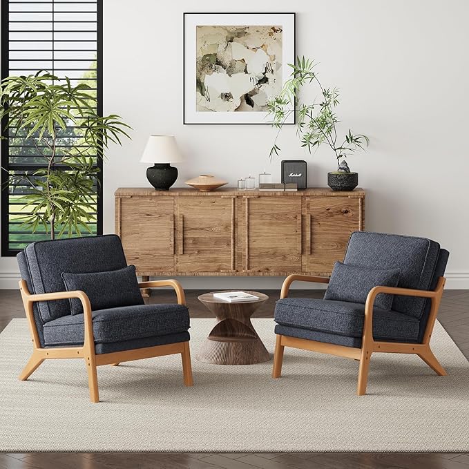 MALOL Accent Chair with Solid Wood Frame, Mid-Century Relaxing Armchair Lumbar Pillow& Soft Cushion, Reading Leisure Chair for Living Room, Bedroom, Waiting Room-Blue