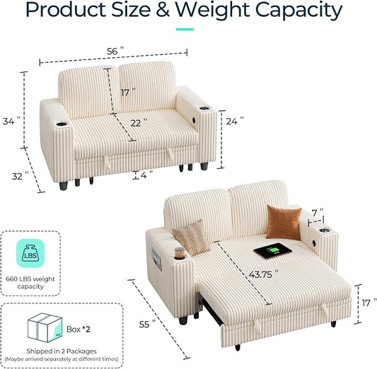 LINSY HOME Sectional Sleeper Sofa Bed, Corduroy Pull Out Couch for Living Room (Beige,Small Couch)|USB Ports, Cup Holder, Side Pocket|2 Seater Convertible Sofa Bed| Apartment Guest Room, Loveseat