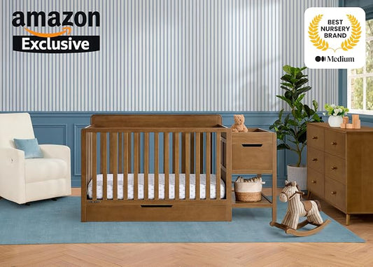 Delta Children Maya 5-in-1 Convertible Crib and Changer with Storage, Converts to Toddler Bed, Daybed, Sofa & Full Bed, Greenguard Gold Certified, 3 Mattress Heights for Baby, Chestnut