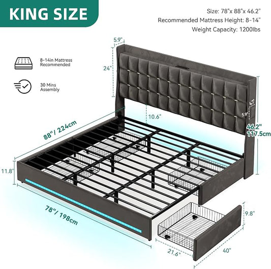 YITAHOME King Size Bed Frame with 4 Drawers and RGB LED Lights, Velvet Upholstered Platform Bed with Charging Station and Storage Headboard, No Box Spring Needed, Easy Assembly, Noise-Free, Dark Grey