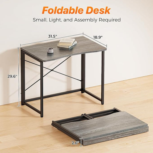 Huuger Folding Desk for Small Spaces, 31.5 Inch Foldable Computer Table, for Home Office, Study, Bedroom, Dorm, Space Saving, Small Writing Work Office Computer Desk, Easy to Fold, Grey