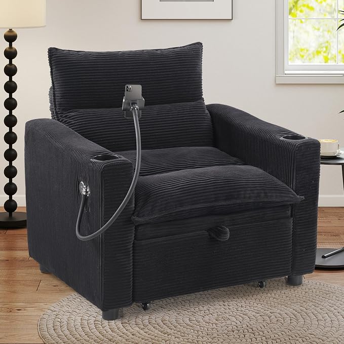 HAOMARKETS Corduroy Sleeper Sofa Bed with 2 Cup Holders, 3-in-1 Convertible Pullout Futon Couch with Phone Holder&USB Charge Port, Single Chair with 3-Level Adjustable Backrest for Living Room