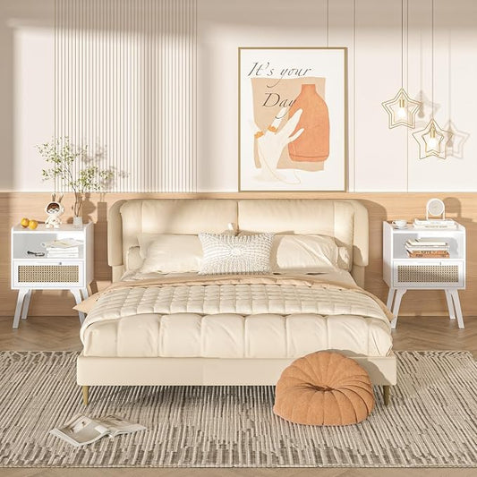 Lerliuo Rattan Nightstands Set of 2, Bedside Table with Drawer Open Shelf, Cane Accent Side End Table with Solid Wood Legs, White Mid Century Night Stand for Bedroom, Dorm and Small Spaces