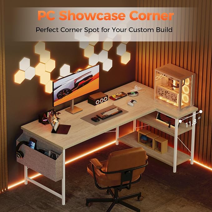 Mericonia Small L Shaped Computer Desk with Power Outlets, Reversible Gaming Desk with Storage Shelves, Corner Gamer Desk Table, Study Writing Table