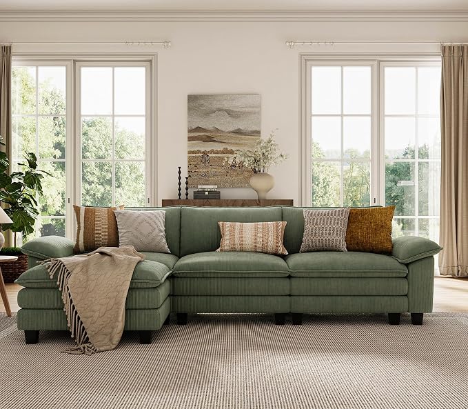 LINSY HOME 123'' Modular Sectional Sofa 3 Seat Couch Corduroy Cloud Couch with Deep Seat, Modern L-Shaped Cloud Couch with 1 Movable Ottoman for Living Room, Office, Bedroom, Green