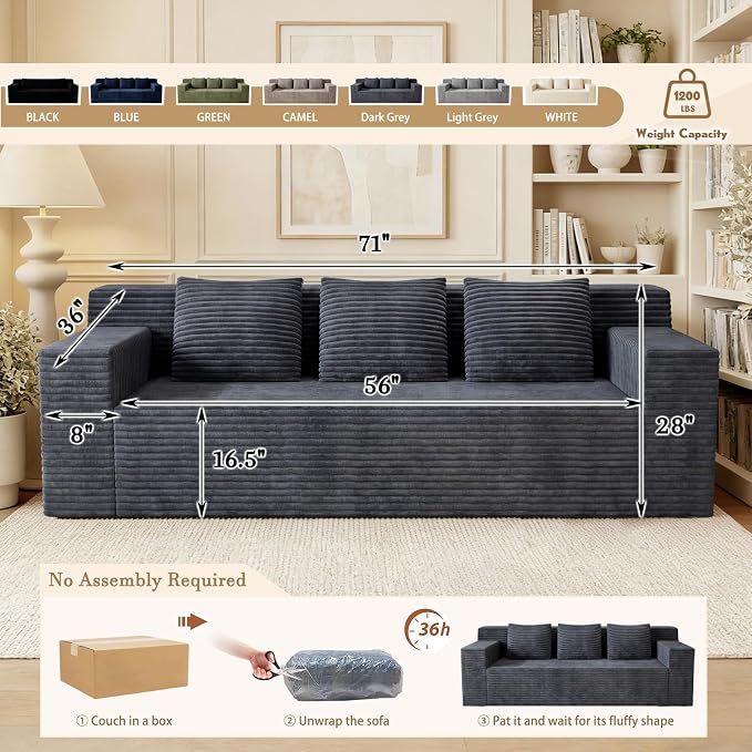 71" Corduroy Living Room Sofa, 3 Setaser Deep Seat Couch with 3 Lumbar Pillows, Comfy Boneless Sofa Modern Compressed Couch for Bedroom, Office, Apartment, No Assembly, Flat Armrests (Dark Grey)