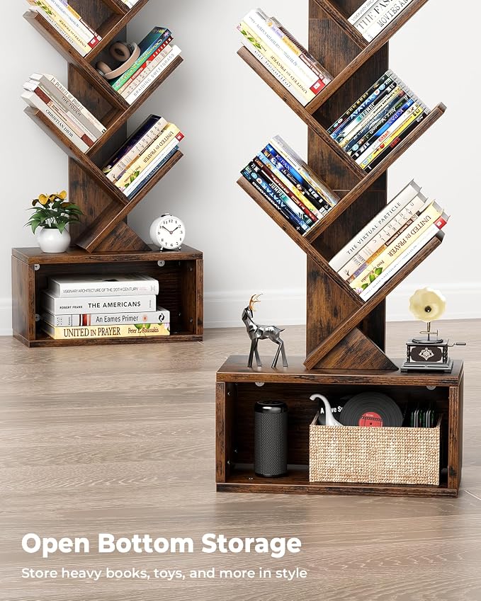 Evermagin 6 Tier Tree Bookshelf with Smart Light, Small Bookcase Tower with Remote Control, Tall Floor Standing Book Organizer for Living Room, Bedroom & Home Office, Rustic Brown