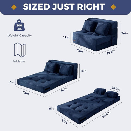 MAXYOYO Convertible Sofa Bed, Fold Out Sofa Couch with Pillow, 4 in 1 Tufted Folding Couch Bed Foam Floor Couch, Lazy Chair for Living Room Bedroom Guest Room, Navy