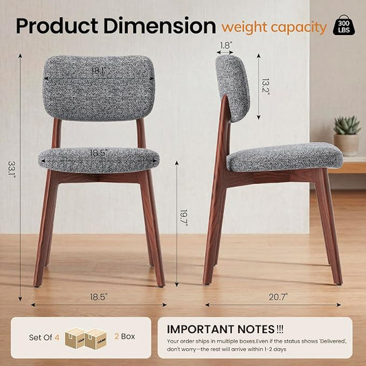 COLAMY Dining Chairs Set of 4, Modern Upholstered Kitchen Room Chairs with Solid Red Oak Wood Legs, 5-Min Easy Assembly Anti-Wobble, High-Weight Fabric Farmhouse Side Chair, 300lbsWalnut,Darkgrey