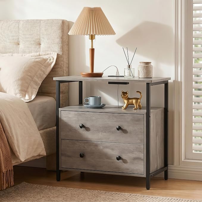 Edbuosy 27 inch Wide Night Stand with Charging Station, Bedside Table with Open Shelf, 2 Drawers Small Wood Dresser, Modern Wood Nightstand for Bedroom/Living Room, Rustic Gray