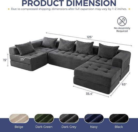 MAXYOYO Modular Sectional Sofa Couch, Foldable U Shaped Cloud Couch with Pillows, Tufted 6-Seat Boneless Lounger Floor Sofa Bed for Living Room, No Assembly Required, Dark Grey
