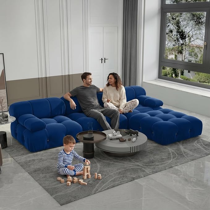 Modern Velvet Sectional Sofa, L Shape Minimalist Modular 4-Seater Sofa with Ottomans for Living Room Office Apartment (104in/Blue)