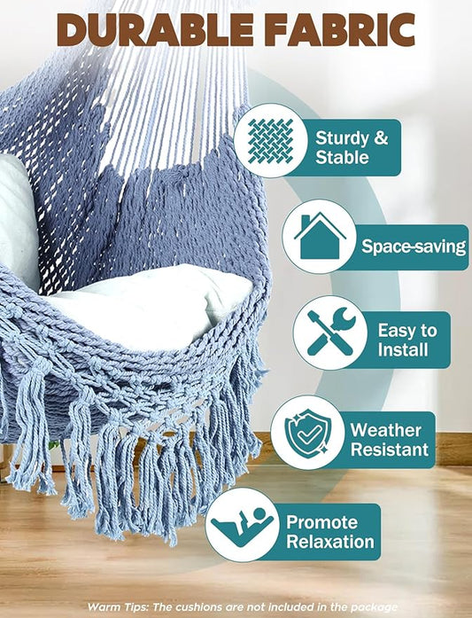 Chihee Hammock Chair Handmade Hanging Chair Cotton Rope Woven Hanging Seat Soft-Spun Large Stretch Hammock Swing, Collapsible Strong Metal Spreader Bar Elegant Macrame Comfort Indoor Outdoor Garden