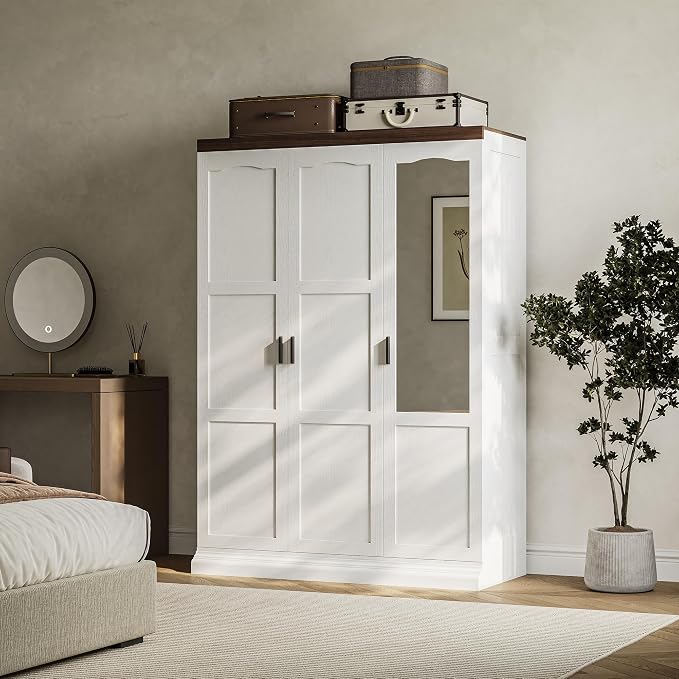 ANCTOR 3 Door Armoire Wardrobe Closet with Mirror, Large Wardrobe Closet with Doors, White Armoire for Bedroom with Hanging Rods & Shelves for Long Clothing, Short Clothing and Stacking, Modern