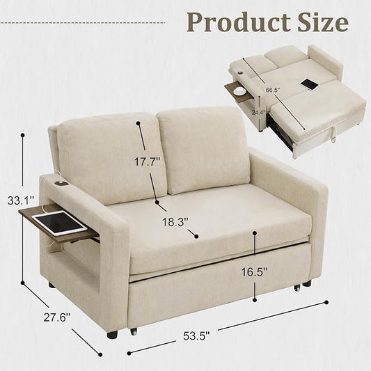 3 in 1 Folding Convertible Sleeper Sofa Bed Pull Out Couch with USB Port Side Pockets Side Table Loveseat Sofa Bed with Adjustable Backrest for Living Room Bedroom Office 66" Lightbrown 2 SEAT