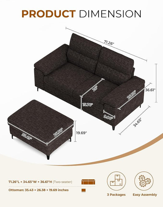 71.25" L Shaped Sectional Couches for Living Room, Deep Seat Sofa with Storage Ottoman & 8”Cushion, Comfy 2-Seater Chenille Loveseat, Convertible Armrest, Removable Cover for Small Space(Dark Gray)
