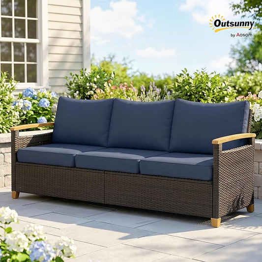 Outsunny 3 Seater Outdoor Couch Sofa, PE Wicker Patio Couch with Wide Deep Seating, 4" Foam Cushions, Wood-Effect Armrests and Legs, Patio Sofa Furniture for Garden, Backyard, Porch, Dark Blue