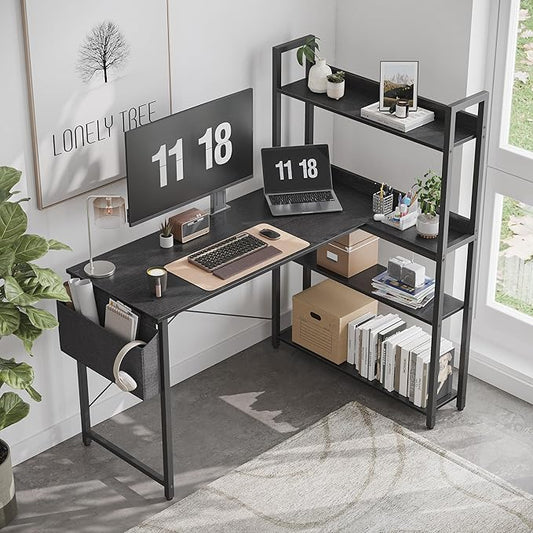 Treesland 55 Inch Small L Shaped Desk, Corner Desk with Bookshelf, Home Office Desk, Writing Study Desk for Bedroom, Black
