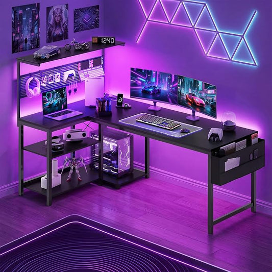 Apicizon L Shaped Desk Gaming Desk with LED Light & Power Outlet, 55 Inch Reversible Computer Desk with Pegboard & Shelf & Storage Bag for Home Office, Black