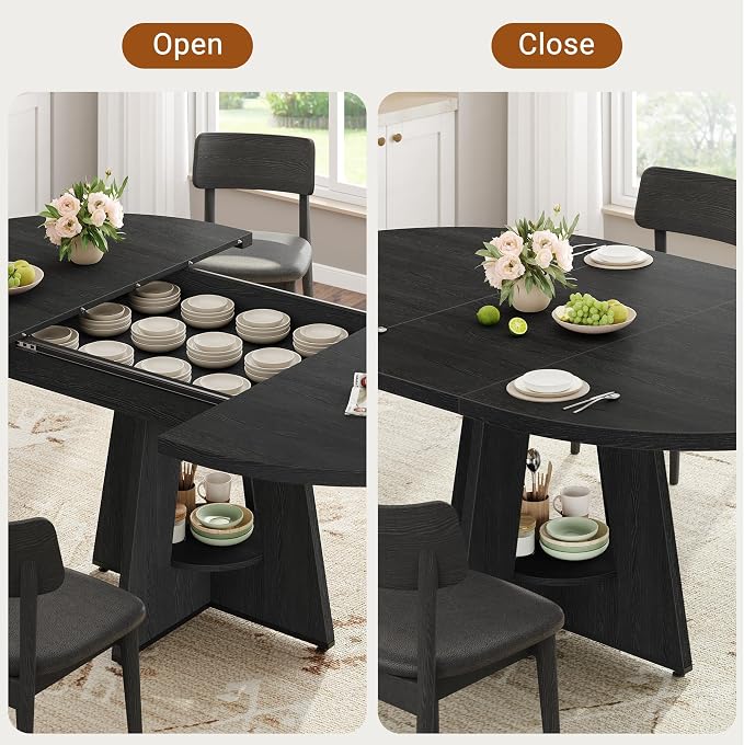 Extendable Dining Table, Round Kitchen Dining Room Dinner Table with for 4 6 8 People, Space Saving Modern Oval Expandale Furniture with Storage and Pedestal for Kitchen Living Room (Black)