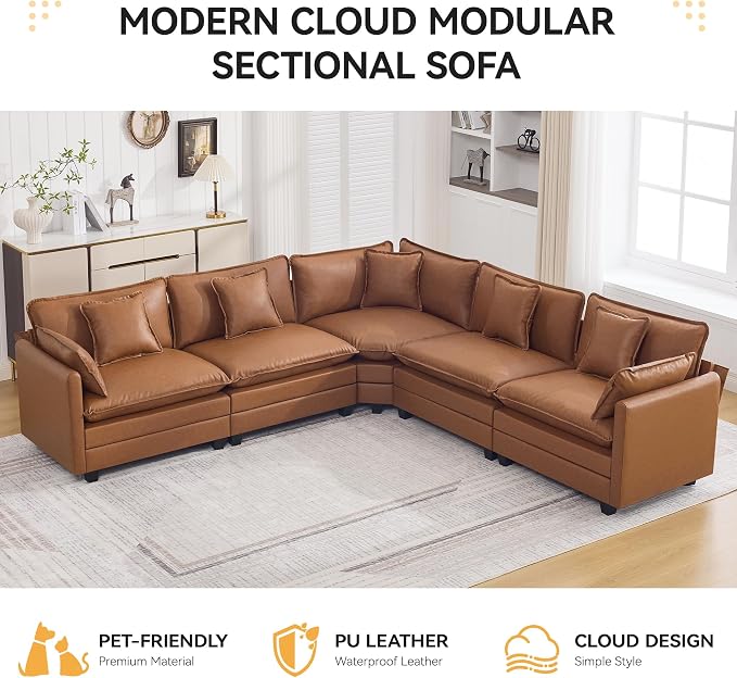 137'' V Shaped Cloud Sectional Sofa, Oversized Deep Seat Leather Couches for Living Room, Comfy Upholstered Modular Sectional Sofa Couch, Leather Light Brown