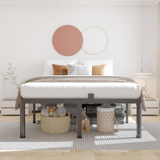 ROIL 18 Inch Full Size Bed Frame with Rounded Corner and Headboard Hole Mattress Retainers 3500LBS Metal Heavy Duty Steel Slats No Box Spring Needed Platform Noise-Free Easy Assembly