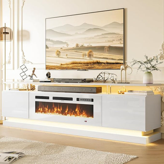 70" Fireplace TV Stand, Modern Entertainment Center for TVs Up to 80”, TV Console with Storage Cabinets, Media Console for Living Room, White TV Stand and White Fireplace