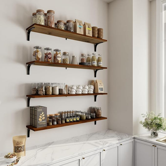 12 Inch Deep Floating Shelves Set of 4, 48 Inch Extra Wide Walnut Solid Wood Wall Shelves, 4ft Heavy Duty Farmhouse Wall Mounted Shelving for Kitchen, Living Room & Bedroom